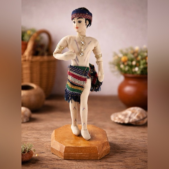 Other - Vintage Handmade Tribal Folk Art Doll 7” Felt Figure Woven Skirt Wood Base